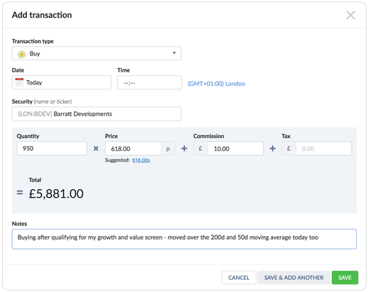 Picture of add transaction form